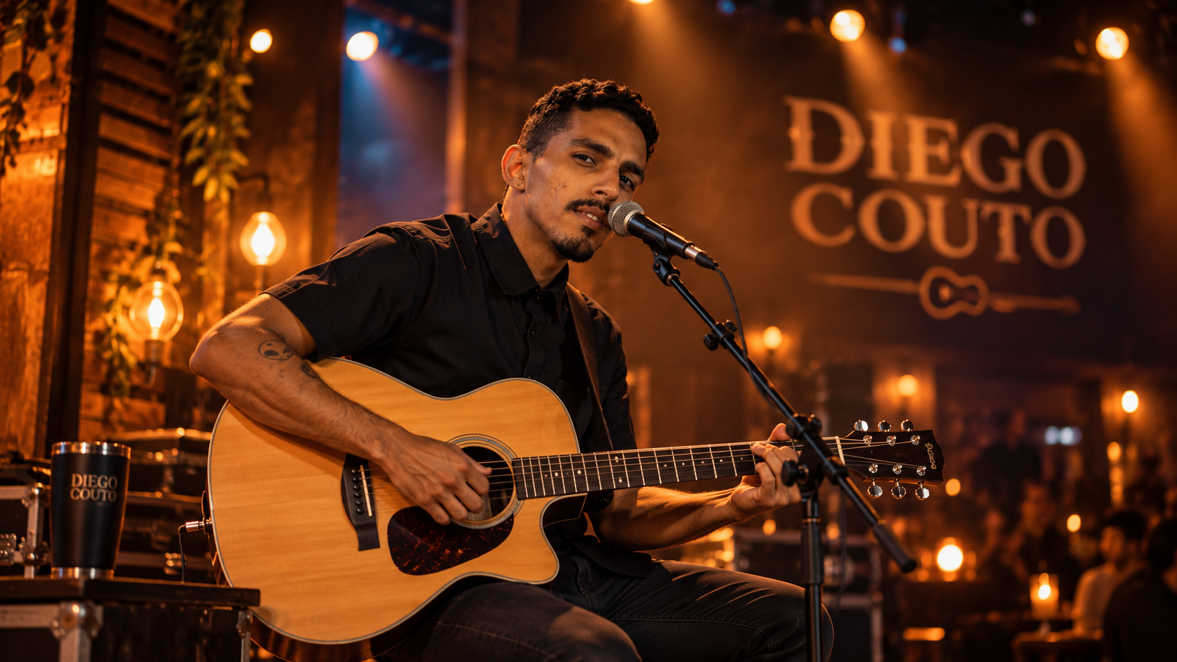 Diego Couto com violão e microfone em imagem promocional